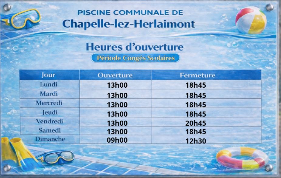 Horaire PISCINE Congés scolaires